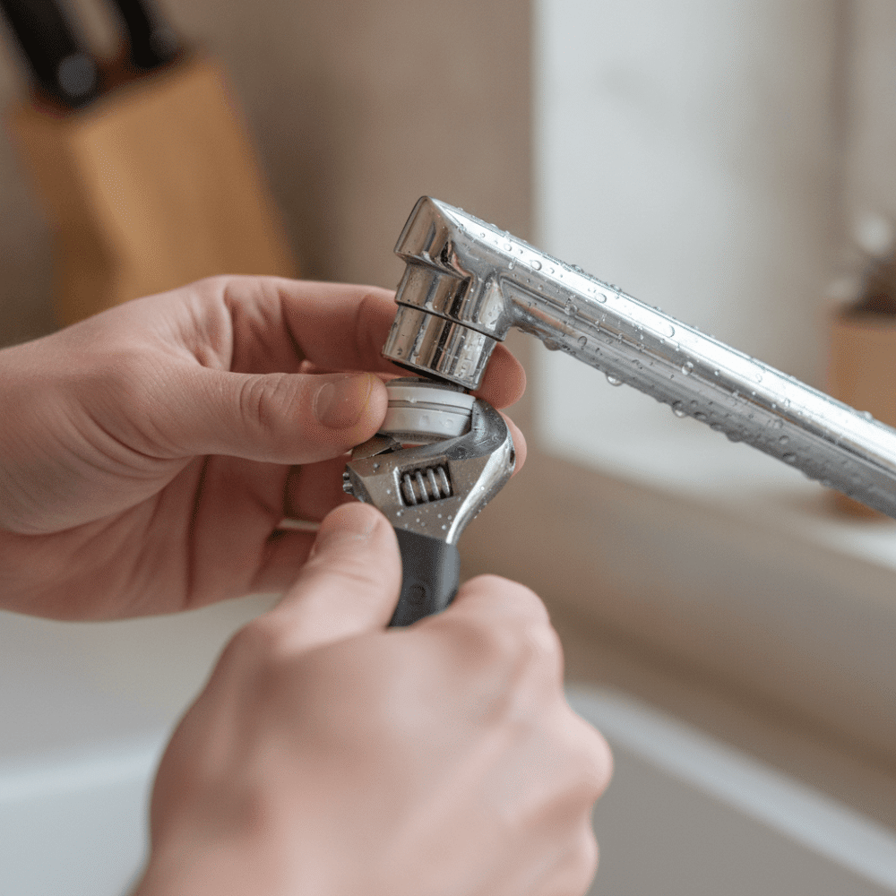 Installation d'un mousseur économiseur d'eau sur un robinet de cuisine pour réduire la consommation
